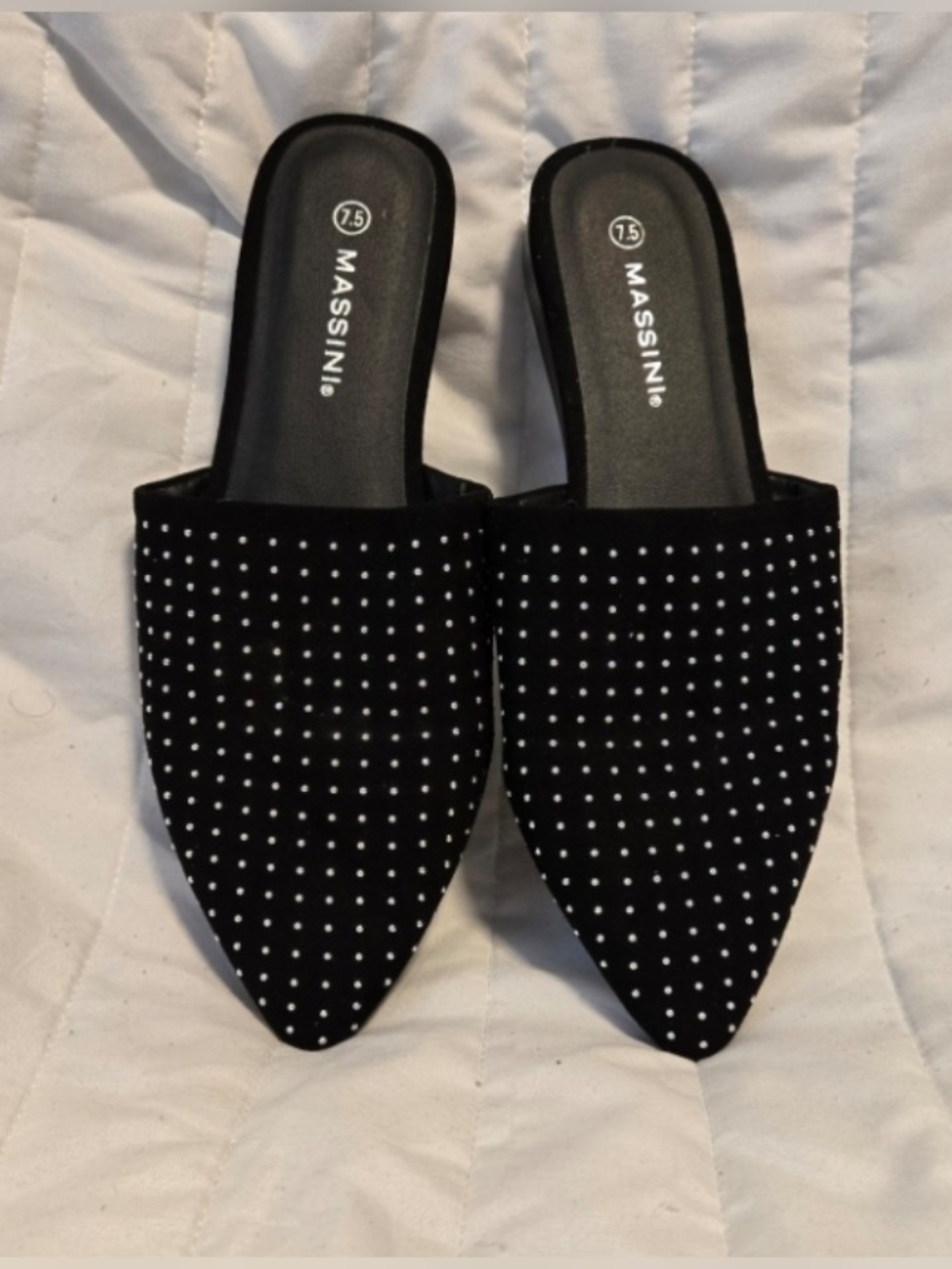 Massini Black Pointed Toe Slide Mules with Studs 7.5